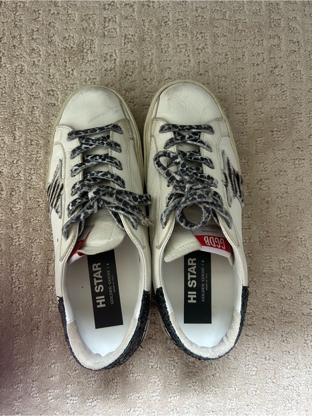Golden Goose Hi Star Leopard Star and Laces, Black Glitter Heel Size 40